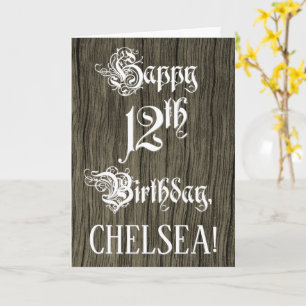 12e verjaardag: Fancy, elegante tekst; Faux Wood K Kaart