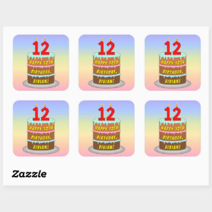 12e verjaardag: Fun Cake and Candles + Custom Name Vierkante Sticker