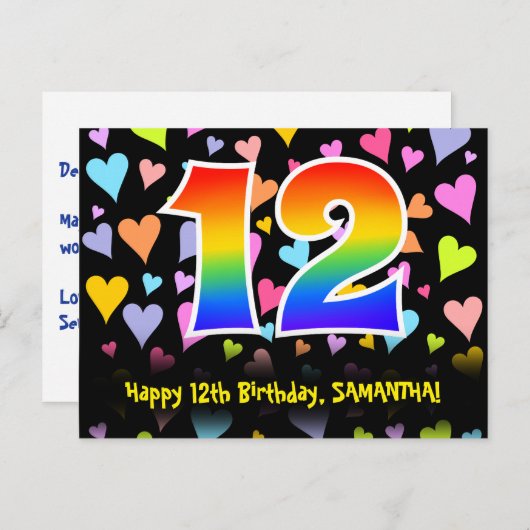 12e verjaardag: Fun Hearts Pattern, Rainbow 12 Briefkaart (Voorkant / Achterkant)