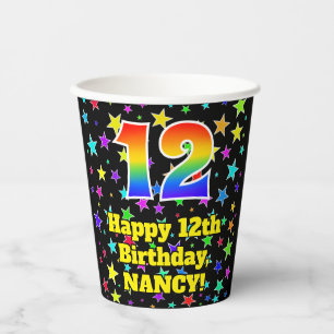 12e verjaardag: Fun Stars Pattern en Rainbow 12 Papieren Bekers