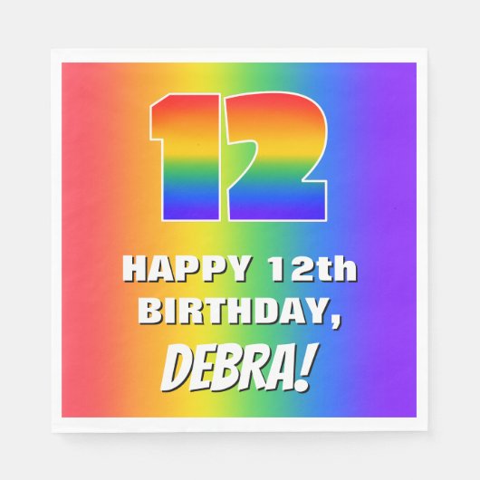 12e verjaardag: kleurrijk, vun regenboogpatroon #  servet (Voorkant)