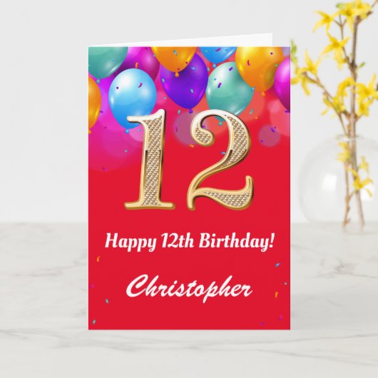 12e verjaardag Rode en goudkleurige ballonnen Kaart (Gele Bloem)