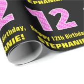 12e verjaardag: Roze strepen en hart "12" + naam Cadeaupapier (Rol Hoek)