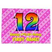 12e verjaardag: roze strips & harten, regenboognr. groot cadeauzakje (Achterkant)