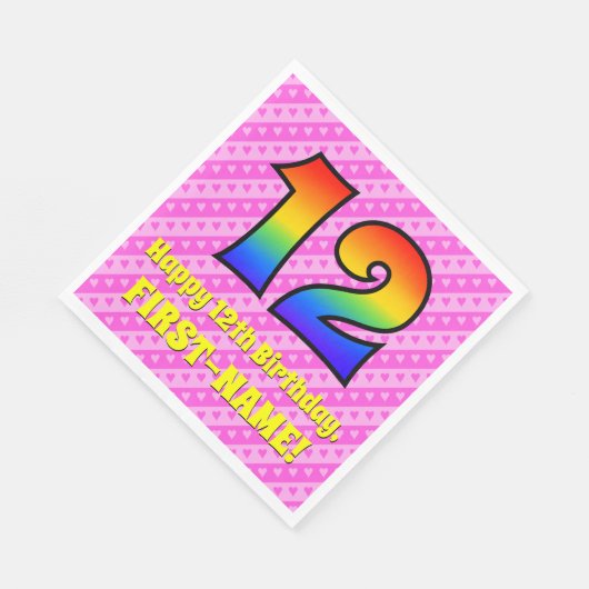 12e verjaardag: roze strips & harten, regenboognr. servet (Hoek)