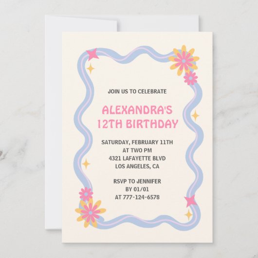 12e verjaardag uitnodiging Retro Groovy Pink Flowe (Voorkant)