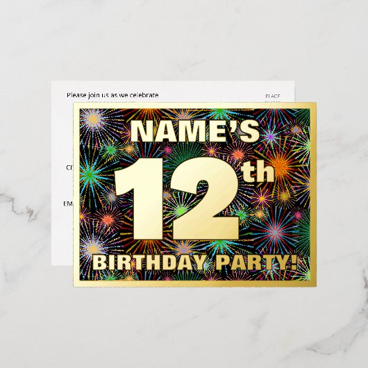 12e verjaardag: Vette, kleurrijke Fireworks-look Folie Uitnodiging Briefkaart (Voorkant / Achterkant)