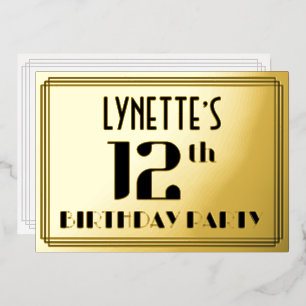 12e verjaardagsfeestje: Art Deco-look “12” en naam Folie Uitnodiging