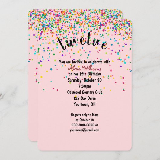 12e verjaardagsfeestje confetti uitnodiging (Voorkant / Achterkant)