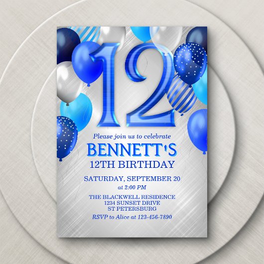 12th Boys Blue Birthday Invitation