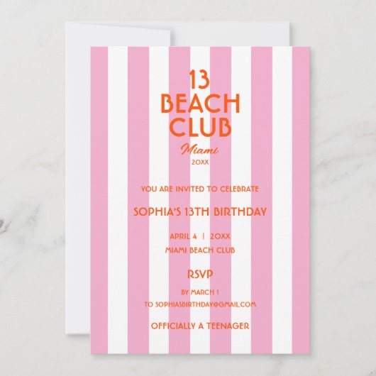 13 Beach Club Cabana Streep 13e Verjaardagsfeestje Kaart (Voorkant)