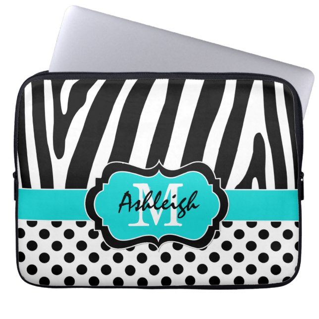 13-inch Aqua Black Zebra Stripes Polka Dot Laptop  Laptop Sleeve (Voorkant)