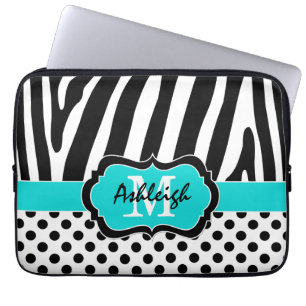 13-inch Aqua Black Zebra Stripes Polka Dot Laptop  Sleeve