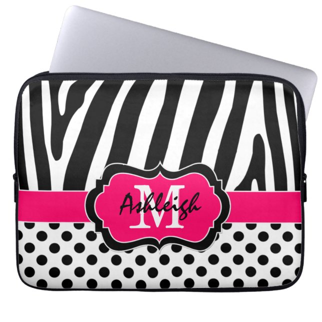 13-inch roze zwarte Zebra Stripes Polka Dot notebo Laptop Sleeve (Voorkant)