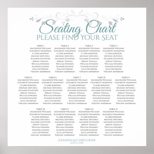 13 Tabel Blauwgroen op White Wedding Seating Chart Poster (Voorkant)