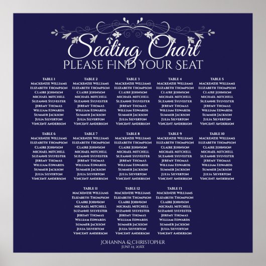 13 Tabel Elegant marineblauw bruiloft Poster (Voorkant)