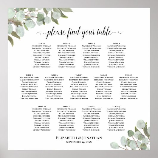 13 Tabel Eucalyptus Greenery Wedding Seating Chart Poster (Voorkant)