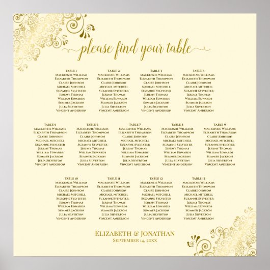 13 Tabel Gold Frills Cream Wedding Seating Chart Poster (Voorkant)