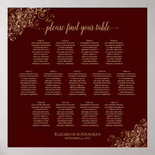 13 Tabel Lacy Gold & Auburn Wedding Seating Chart Poster