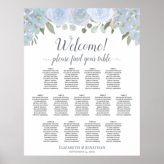 13 Tabel Stusty Blue Floral Wedding Seating Chart Poster (Voorkant)