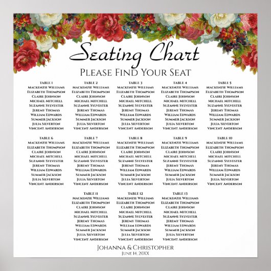 13 Tabel Victoriaans Rozen Wedding Seating Chart Poster (Voorkant)