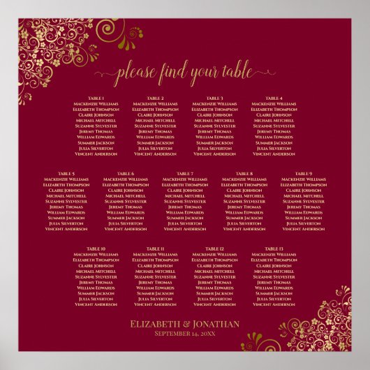 13 Tableau Burgundy & Or Elegant Seating Chart (Devant)