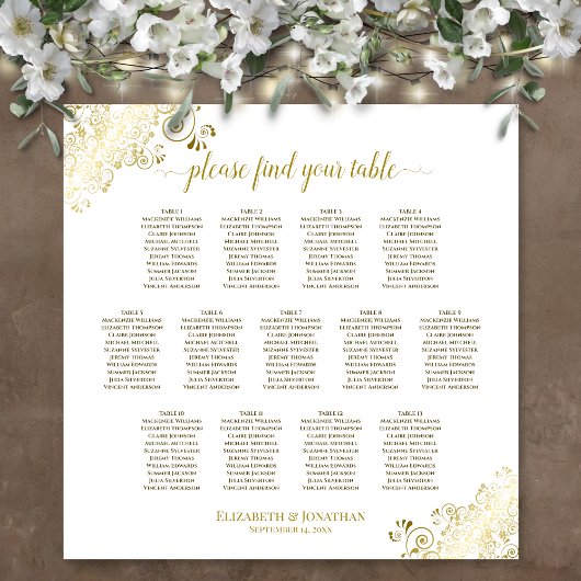 13 Tafel Gold Frills White Wedding Seating Chart Poster