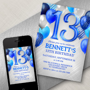 13e anniversaire Ballons Bleus Invitation