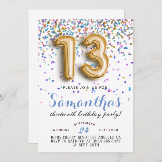 13e anniversaire Confetti Invitation (Devant / Derrière)