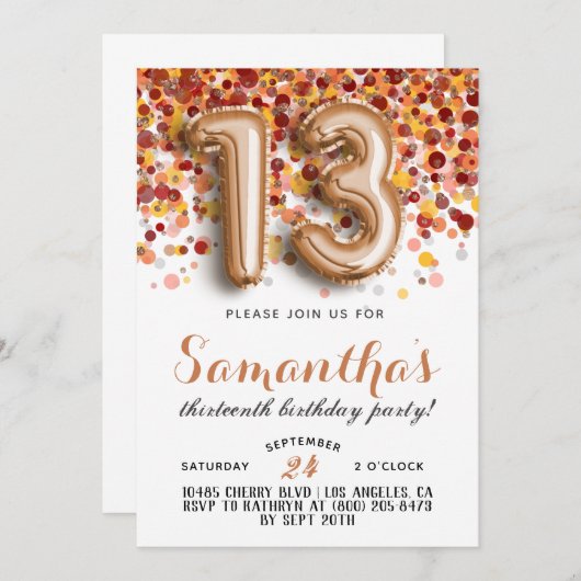 13e anniversaire Confetti Invitation (Devant / Derrière)