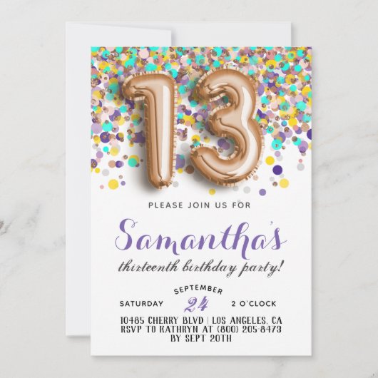 13e anniversaire Confetti Invitation (Devant)