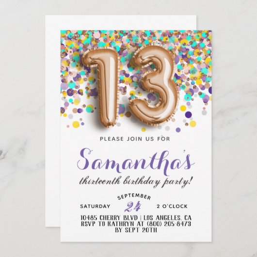 13e anniversaire Confetti Invitation (Devant / Derrière)