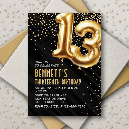 13e anniversaire Gold Black Invitation