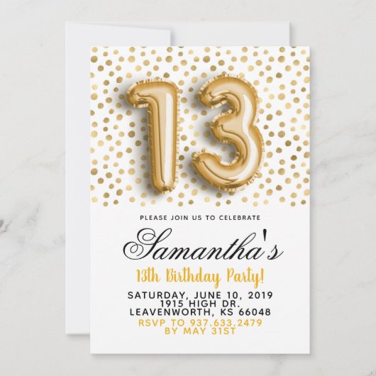 13e anniversaire Gold Confetti Invitation (Devant)