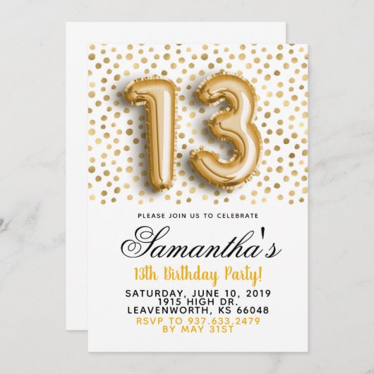 13e anniversaire Gold Confetti Invitation (Devant / Derrière)