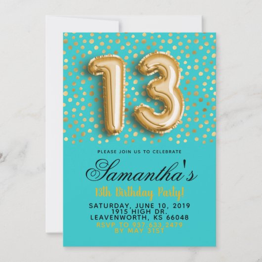 13e anniversaire Gold Confetti Invitation (Devant)