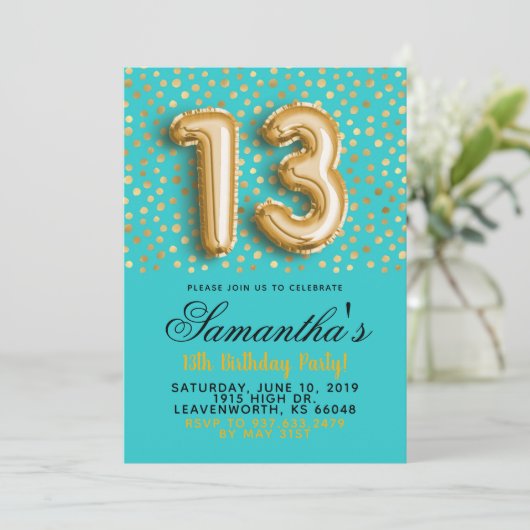 13e anniversaire Gold Confetti Invitation (Debout devant)