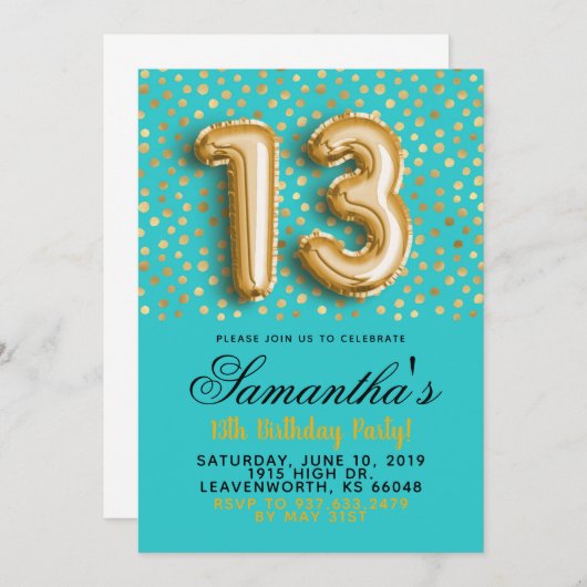 13e anniversaire Gold Confetti Invitation (Devant / Derrière)
