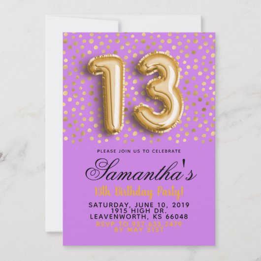 13e anniversaire Gold Confetti Invitation (Devant)