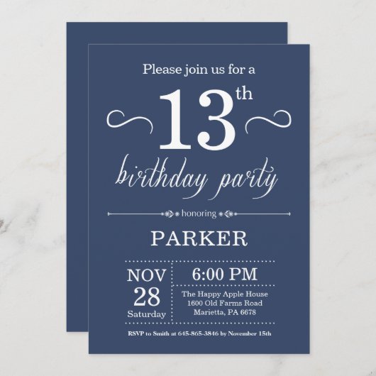 13e anniversaire Invitation Bleu (Devant / Derrière)