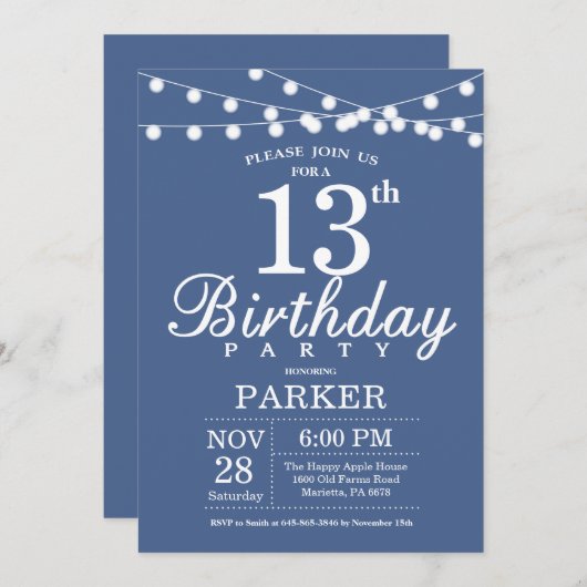 13e anniversaire Invitation Bleu (Devant / Derrière)