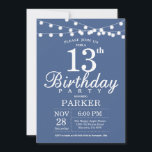 13e anniversaire Invitation Bleu<br><div class="desc">Invitation au 13e anniversaire avec lumières à cordes. Arrière - plan bleu. Anniversaire enfant. Invitation Anniversaire de fille ou garçon. 13ème 15ème 16ème 18ème 20ème 21ème 30ème 40ème 50ème 60ème 70ème 80ème 90ème 100ème, Tout âge. Pour plus de personnalisation, cliquez sur le bouton "Customiser" et utilisez notre outil de conception...</div>