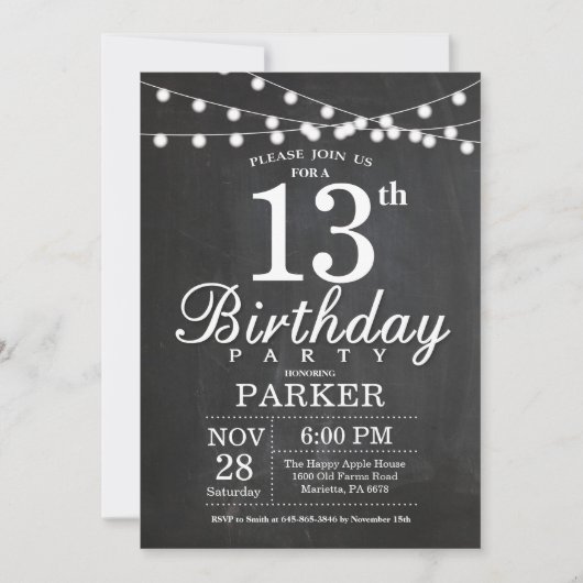 13e anniversaire Invitation Chalkboard lumières (Devant)
