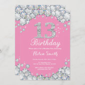13e anniversaire Invitation Diamant rose et argent (Devant / Derrière)