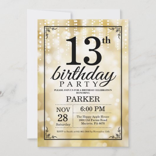 13e anniversaire Invitation Gold Parties scintilla (Devant)