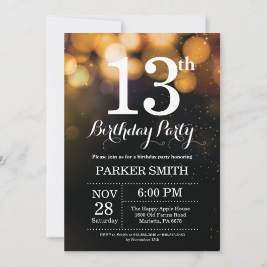 13e anniversaire Invitation Gold Parties scintilla (Devant)