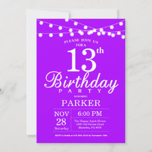 13e anniversaire Invitation Lavande violette Lilac
