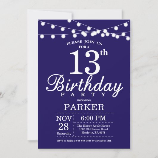 13e anniversaire Invitation Marine Bleu (Devant)