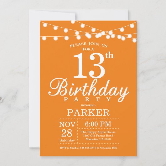 13e anniversaire Invitation Orange (Devant)