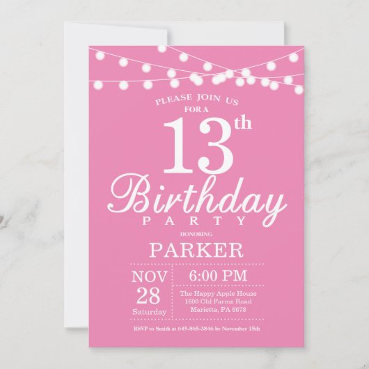 13e anniversaire Invitation rose (Devant)